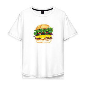 Мужская футболка хлопок Oversize с принтом Акварельный Бургер в Санкт-Петербурге, 100% хлопок | свободный крой, круглый ворот, “спинка” длиннее передней части | 