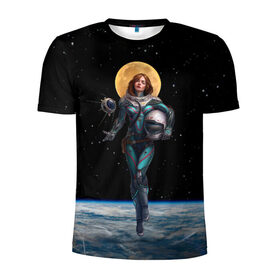 Мужская футболка 3D спортивная с принтом Девушка-космонавт в Санкт-Петербурге, 100% полиэстер с улучшенными характеристиками | приталенный силуэт, круглая горловина, широкие плечи, сужается к линии бедра | nasa | вселенная | девушка | звёзды | земля | космос | луна | наса | небо | нимб | планета | скафандр | спутник | ссср
