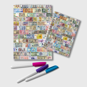 Блокнот с принтом Деньги мира в Санкт-Петербурге, 100% бумага | 48 листов, плотность листов — 60 г/м2, плотность картонной обложки — 250 г/м2. Листы скреплены удобной пружинной спиралью. Цвет линий — светло-серый
 | chf | eur | gbp | jpy | usd | баксы | банкноты | валюта | доллар | евро | купюры | паунд | рубль. | свисси | финансы | фунт стерлингов | швейцарский франк | японская йена