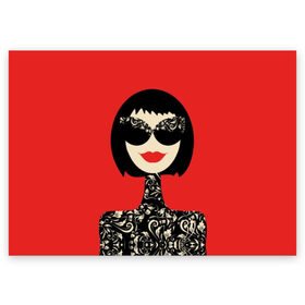 Поздравительная открытка с принтом Fashion woman в Санкт-Петербурге, 100% бумага | плотность бумаги 280 г/м2, матовая, на обратной стороне линовка и место для марки
 | black | brunette | caret | design | fashionable | girl | hairstyle | leaves | lips | patterns | plants | pop art | portrait | red | smile | woman | брюнетка | губы | девушка | дизайн | женщина | каре | красные | листья | модная | очки | поп арт 