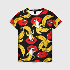Женская футболка 3D с принтом Губы и бананы в Санкт-Петербурге, 100% полиэфир ( синтетическое хлопкоподобное полотно) | прямой крой, круглый вырез горловины, длина до линии бедер | background | bananas | black | drawing | erotic | food | fruit | lips | red | womens | бананы | губы | еда | женские | красные | рисунок | фон | фрукты | черный