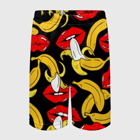 Детские спортивные шорты 3D с принтом Губы и бананы в Санкт-Петербурге,  100% полиэстер
 | пояс оформлен широкой мягкой резинкой, ткань тянется
 | Тематика изображения на принте: background | bananas | black | drawing | erotic | food | fruit | lips | red | womens | бананы | губы | еда | женские | красные | рисунок | фон | фрукты | черный