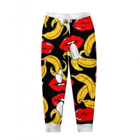 Мужские брюки 3D с принтом Губы и бананы в Санкт-Петербурге, 100% полиэстер | манжеты по низу, эластичный пояс регулируется шнурком, по бокам два кармана без застежек, внутренняя часть кармана из мелкой сетки | background | bananas | black | drawing | erotic | food | fruit | lips | red | womens | бананы | губы | еда | женские | красные | рисунок | фон | фрукты | черный