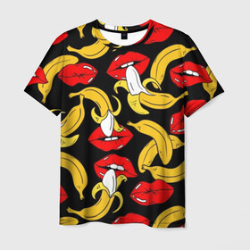 Мужская футболка 3D с принтом Губы и бананы в Санкт-Петербурге, 100% полиэфир | прямой крой, круглый вырез горловины, длина до линии бедер | background | bananas | black | drawing | erotic | food | fruit | lips | red | womens | бананы | губы | еда | женские | красные | рисунок | фон | фрукты | черный