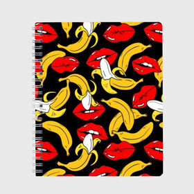 Тетрадь с принтом Губы и бананы в Санкт-Петербурге, 100% бумага | 48 листов, плотность листов — 60 г/м2, плотность картонной обложки — 250 г/м2. Листы скреплены сбоку удобной пружинной спиралью. Уголки страниц и обложки скругленные. Цвет линий — светло-серый
 | Тематика изображения на принте: background | bananas | black | drawing | erotic | food | fruit | lips | red | womens | бананы | губы | еда | женские | красные | рисунок | фон | фрукты | черный
