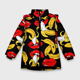 Зимняя куртка для девочек 3D с принтом Губы и бананы в Санкт-Петербурге, ткань верха — 100% полиэстер; подклад — 100% полиэстер, утеплитель — 100% полиэстер. | длина ниже бедра, удлиненная спинка, воротник стойка и отстегивающийся капюшон. Есть боковые карманы с листочкой на кнопках, утяжки по низу изделия и внутренний карман на молнии. 

Предусмотрены светоотражающий принт на спинке, радужный светоотражающий элемент на пуллере молнии и на резинке для утяжки. | Тематика изображения на принте: background | bananas | black | drawing | erotic | food | fruit | lips | red | womens | бананы | губы | еда | женские | красные | рисунок | фон | фрукты | черный
