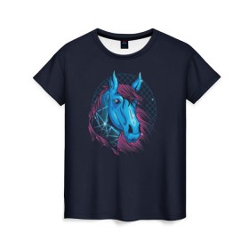 Женская футболка 3D с принтом Лошадь Неон в Санкт-Петербурге, 100% полиэфир ( синтетическое хлопкоподобное полотно) | прямой крой, круглый вырез горловины, длина до линии бедер | horse | neon | конь | лошади | лошадь | неон | ретро