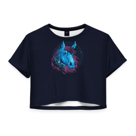 Женская футболка 3D укороченная с принтом Лошадь Неон в Санкт-Петербурге, 100% полиэстер | круглая горловина, длина футболки до линии талии, рукава с отворотами | horse | neon | конь | лошади | лошадь | неон | ретро