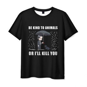 Мужская футболка 3D с принтом Be Kind to Animals в Санкт-Петербурге, 100% полиэфир | прямой крой, круглый вырез горловины, длина до линии бедер | be kind to animals | cinema | dog | dogs | john wick | keanu reeves | джон уик | животные | пес | собака