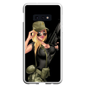 Чехол для Samsung S10E с принтом Sexy army girl в Санкт-Петербурге, Силикон | Область печати: задняя сторона чехла, без боковых панелей | army | automatic | beautiful | big | black | blonde | body | camouflage | chest | cool | eyes | girl | holds | perfect | slim | uniform | weapon | автомат | армия | блондинка | большая | глаза | девушка | держит | идеальное | камуфляж | красивая