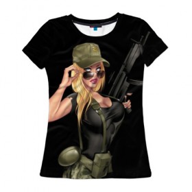 Женская футболка 3D с принтом Sexy army girl в Санкт-Петербурге, 100% полиэфир ( синтетическое хлопкоподобное полотно) | прямой крой, круглый вырез горловины, длина до линии бедер | army | automatic | beautiful | big | black | blonde | body | camouflage | chest | cool | eyes | girl | holds | perfect | slim | uniform | weapon | автомат | армия | блондинка | большая | глаза | девушка | держит | идеальное | камуфляж | красивая