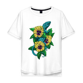 Мужская футболка хлопок Oversize с принтом Ящерка в Санкт-Петербурге, 100% хлопок | свободный крой, круглый ворот, “спинка” длиннее передней части | цветы | ящерица