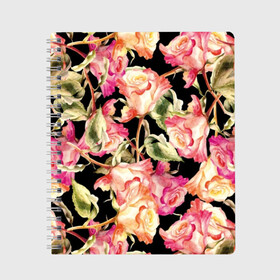 Тетрадь с принтом Розы в Санкт-Петербурге, 100% бумага | 48 листов, плотность листов — 60 г/м2, плотность картонной обложки — 250 г/м2. Листы скреплены сбоку удобной пружинной спиралью. Уголки страниц и обложки скругленные. Цвет линий — светло-серый
 | art | background | black | flora | flowers | leaves | nature | painting | pattern | petals | pink | plants | red | roses | watercolor | акварель | живопись | искусство | красные | лепестки | листья | природа | растения | розовые | розы | узор | флора | фо
