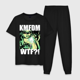 Мужская пижама хлопок с принтом KMFDM - WTF?! в Санкт-Петербурге, 100% хлопок | брюки и футболка прямого кроя, без карманов, на брюках мягкая резинка на поясе и по низу штанин
 | Тематика изображения на принте: aggrotech | ebm | girl | industrial | kmfdm | metal | music | rock | techno | wtf | втф | девушка | индастриал | метал | музыка | рок