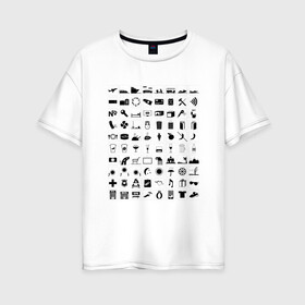 Женская футболка хлопок Oversize с принтом 80 знаков для общения в Санкт-Петербурге, 100% хлопок | свободный крой, круглый ворот, спущенный рукав, длина до линии бедер
 | iconspeak | знание языков | объяснить на пальцах | пиктограммы значки travellers tshirt | понять иностранца | понять собеседника | путешествия | туризм | языковой барьер