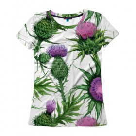 Женская футболка 3D с принтом Цветок репейника в Санкт-Петербурге, 100% полиэфир ( синтетическое хлопкоподобное полотно) | прямой крой, круглый вырез горловины, длина до линии бедер | акварель | мода | стиль | цветочки | цветы