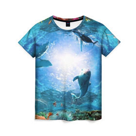 Женская футболка 3D с принтом Дельфины в Санкт-Петербурге, 100% полиэфир ( синтетическое хлопкоподобное полотно) | прямой крой, круглый вырез горловины, длина до линии бедер | fish | аква | аквариум | вода | кораллы | море | океан | ракушки | рыбки | рыбы