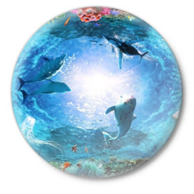 Значок с принтом Дельфины в Санкт-Петербурге,  металл | круглая форма, металлическая застежка в виде булавки | fish | аква | аквариум | вода | кораллы | море | океан | ракушки | рыбки | рыбы