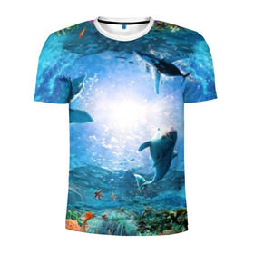 Мужская футболка 3D спортивная с принтом Дельфины в Санкт-Петербурге, 100% полиэстер с улучшенными характеристиками | приталенный силуэт, круглая горловина, широкие плечи, сужается к линии бедра | fish | аква | аквариум | вода | кораллы | море | океан | ракушки | рыбки | рыбы