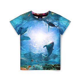 Детская футболка 3D с принтом Дельфины в Санкт-Петербурге, 100% гипоаллергенный полиэфир | прямой крой, круглый вырез горловины, длина до линии бедер, чуть спущенное плечо, ткань немного тянется | fish | аква | аквариум | вода | кораллы | море | океан | ракушки | рыбки | рыбы