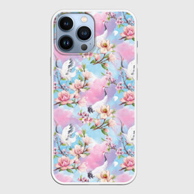 Чехол для iPhone 13 Pro Max с принтом Узор с журавлями в Санкт-Петербурге,  |  | art | birds | blooming | buds | cherry | crane | flowers | fly | japanese | leaves | pattern | petals | pink | red headed | spring | watercolor | акварель | бутоны | весна | вишня | журавль | искусство | красноголовый | лепестки | летают | листья | м | пт