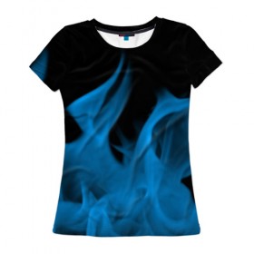 Женская футболка 3D с принтом Синий огонь в Санкт-Петербурге, 100% полиэфир ( синтетическое хлопкоподобное полотно) | прямой крой, круглый вырез горловины, длина до линии бедер | fire | flame | in fire | smoke | в огне | дым | огненный | огонь | текстуры