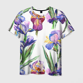 Мужская футболка 3D с принтом Ирисы в Санкт-Петербурге, 100% полиэфир | прямой крой, круглый вырез горловины, длина до линии бедер | акварель | мода | стиль | цветочки | цветы