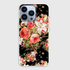 Чехол для iPhone 13 Pro с принтом Лилии и розы в Санкт-Петербурге,  |  | art | bouquet | field | flowers | leaves | lilies | painting | pattern | petals | roses | stems | watercolor | акварель | букет | живопись | искусство | лепестки | лилии | листья | полевые | розы | узор | цветы