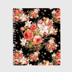 Тетрадь с принтом Лилии и розы в Санкт-Петербурге, 100% бумага | 48 листов, плотность листов — 60 г/м2, плотность картонной обложки — 250 г/м2. Листы скреплены сбоку удобной пружинной спиралью. Уголки страниц и обложки скругленные. Цвет линий — светло-серый
 | art | bouquet | field | flowers | leaves | lilies | painting | pattern | petals | roses | stems | watercolor | акварель | букет | живопись | искусство | лепестки | лилии | листья | полевые | розы | узор | цветы