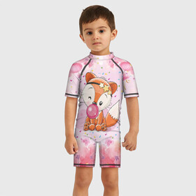 Детский купальный костюм 3D с принтом Милая лисичка с жвачкой в Санкт-Петербурге, Полиэстер 85%, Спандекс 15% | застежка на молнии на спине | fox | foxed | арт | лис | лиса | лисенок | лисичка | пушистик | рыжая | рыжмй хвост