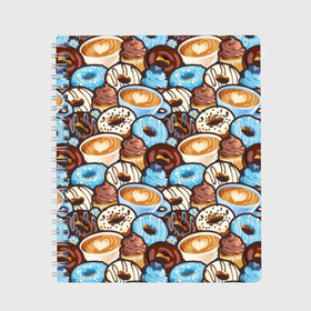 Тетрадь с принтом Пончики и кофе в Санкт-Петербурге, 100% бумага | 48 листов, плотность листов — 60 г/м2, плотность картонной обложки — 250 г/м2. Листы скреплены сбоку удобной пружинной спиралью. Уголки страниц и обложки скругленные. Цвет линий — светло-серый
 | art | berries | blue | blueberries | brown | cake | candy | chocolate | coffee | cup | donuts | gifts | heart | painting | sweets | живопись | искусство | конфеты | коричневые | кофе | пирожное | подарки | пончики | сердце | синие | сладости | чашка | чер