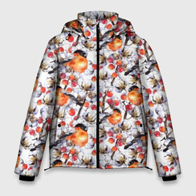 Мужская зимняя куртка 3D с принтом Снегири в Санкт-Петербурге, верх — 100% полиэстер; подкладка — 100% полиэстер; утеплитель — 100% полиэстер | длина ниже бедра, свободный силуэт Оверсайз. Есть воротник-стойка, отстегивающийся капюшон и ветрозащитная планка. 

Боковые карманы с листочкой на кнопках и внутренний карман на молнии. | Тематика изображения на принте: art | berries | bullfinch | cocoons | cotton | nature | painting | plants | red | watercolor | winter birds | акварель | живопись | зимние | искусство | коконы | красные | природа | птицы | растения | снегири | хлопок | ягоды