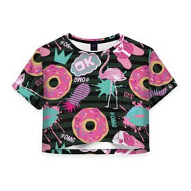 Женская футболка Cropp-top с принтом Пончики, мопсы и фламинго. в Санкт-Петербурге, 100% полиэстер | круглая горловина, длина футболки до линии талии, рукава с отворотами | bird | blots | breed | crown | dog | donuts | flamingo | ici | kiss | lips | pastries | pineapple | pink | pug | splashes | stripes | sweet | ананас | брызги | выпечка | глазурь | губы | женские | кляксы | корона | мопс | отпечаток | полосы | пончики | по