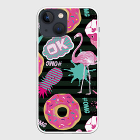 Чехол для iPhone 13 mini с принтом Пончики, мопсы и фламинго. в Санкт-Петербурге,  |  | bird | blots | breed | crown | dog | donuts | flamingo | ici | kiss | lips | pastries | pineapple | pink | pug | splashes | stripes | sweet | ананас | брызги | выпечка | глазурь | губы | женские | кляксы | корона | мопс | отпечаток | полосы | пончики | по