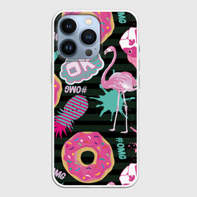 Чехол для iPhone 13 Pro с принтом Пончики, мопсы и фламинго. в Санкт-Петербурге,  |  | bird | blots | breed | crown | dog | donuts | flamingo | ici | kiss | lips | pastries | pineapple | pink | pug | splashes | stripes | sweet | ананас | брызги | выпечка | глазурь | губы | женские | кляксы | корона | мопс | отпечаток | полосы | пончики | по