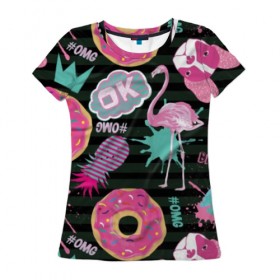 Женская футболка 3D с принтом Пончики, мопсы и фламинго. в Санкт-Петербурге, 100% полиэфир ( синтетическое хлопкоподобное полотно) | прямой крой, круглый вырез горловины, длина до линии бедер | bird | blots | breed | crown | dog | donuts | flamingo | ici | kiss | lips | pastries | pineapple | pink | pug | splashes | stripes | sweet | ананас | брызги | выпечка | глазурь | губы | женские | кляксы | корона | мопс | отпечаток | полосы | пончики | по