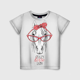 Детская футболка 3D с принтом Crazy horse lady в Санкт-Петербурге, 100% гипоаллергенный полиэфир | прямой крой, круглый вырез горловины, длина до линии бедер, чуть спущенное плечо, ткань немного тянется | animal | blonde | bow | crazy | cute | head | horse | lady | look | polka | portrait | red | white | бант | белая | белый | блондинка | взгляд | голова | горошек | животное | красный | леди | лошадь | милый | очки | портрет | сумасшедшая