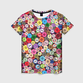Женская футболка 3D с принтом Пуговицы в Санкт-Петербурге, 100% полиэфир ( синтетическое хлопкоподобное полотно) | прямой крой, круглый вырез горловины, длина до линии бедер | beautiful | buttons | different | holes | many | multi colored | round | scattering | дырки | красивые | круглые | много | пуговицы | разноцветные | разные | россыпь