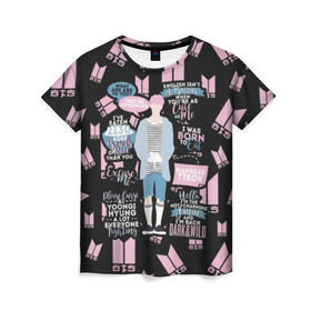 Женская футболка 3D с принтом BTS Jimin Quotes в Санкт-Петербурге, 100% полиэфир ( синтетическое хлопкоподобное полотно) | прямой крой, круглый вырез горловины, длина до линии бедер | bangtan | boy | j hope | jimin | jin | jungkook | korea | luv | rm | suga | v | with | бтс | кей | поп