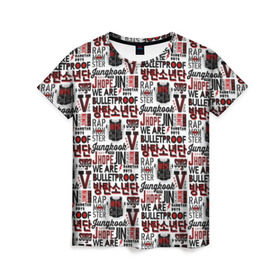 Женская футболка 3D с принтом BTS Pop art в Санкт-Петербурге, 100% полиэфир ( синтетическое хлопкоподобное полотно) | прямой крой, круглый вырез горловины, длина до линии бедер | bangtan | boy | j hope | jimin | jin | jungkook | korea | luv | rm | suga | v | with | бтс | кей | поп