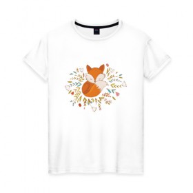 Женская футболка хлопок с принтом Лиса в цветах в Санкт-Петербурге, 100% хлопок | прямой крой, круглый вырез горловины, длина до линии бедер, слегка спущенное плечо | fox | foxed | арт | лис | лиса | лисенок | лисичка | пушистик | рыжая | рыжмй хвост