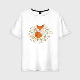 Женская футболка хлопок Oversize с принтом Лиса в цветах в Санкт-Петербурге, 100% хлопок | свободный крой, круглый ворот, спущенный рукав, длина до линии бедер
 | fox | foxed | арт | лис | лиса | лисенок | лисичка | пушистик | рыжая | рыжмй хвост