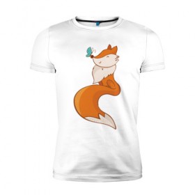 Мужская футболка премиум с принтом Лисичка и бабочка в Санкт-Петербурге, 92% хлопок, 8% лайкра | приталенный силуэт, круглый вырез ворота, длина до линии бедра, короткий рукав | fox | foxed | арт | лис | лиса | лисенок | лисичка | пушистик | рыжая | рыжмй хвост