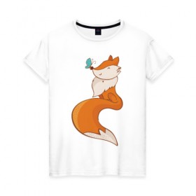 Женская футболка хлопок с принтом Лисичка и бабочка в Санкт-Петербурге, 100% хлопок | прямой крой, круглый вырез горловины, длина до линии бедер, слегка спущенное плечо | fox | foxed | арт | лис | лиса | лисенок | лисичка | пушистик | рыжая | рыжмй хвост
