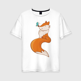 Женская футболка хлопок Oversize с принтом Лисичка и бабочка в Санкт-Петербурге, 100% хлопок | свободный крой, круглый ворот, спущенный рукав, длина до линии бедер
 | fox | foxed | арт | лис | лиса | лисенок | лисичка | пушистик | рыжая | рыжмй хвост