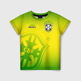 Детская футболка 3D с принтом Бразилия в Санкт-Петербурге, 100% гипоаллергенный полиэфир | прямой крой, круглый вырез горловины, длина до линии бедер, чуть спущенное плечо, ткань немного тянется | Тематика изображения на принте: brasil | brazil | бразилия | бразильская сборная | сборная бразилии | сборная бразилии по футболу | сборные | форма | футбол | футбольные сборные | чемпионат мира