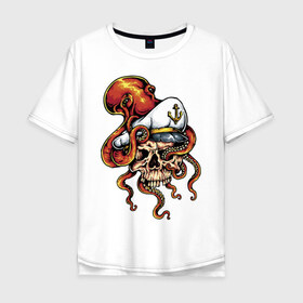 Мужская футболка хлопок Oversize с принтом Осьминог в Санкт-Петербурге, 100% хлопок | свободный крой, круглый ворот, “спинка” длиннее передней части | anchor | octopus | peaked cap | skull | осьминог | фуражка | череп | якорь