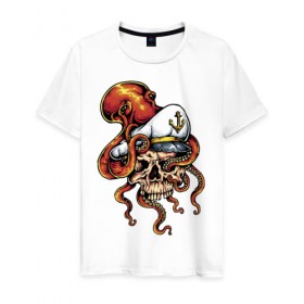Мужская футболка хлопок с принтом Осьминог в Санкт-Петербурге, 100% хлопок | прямой крой, круглый вырез горловины, длина до линии бедер, слегка спущенное плечо. | anchor | octopus | peaked cap | skull | осьминог | фуражка | череп | якорь