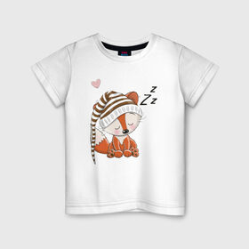Детская футболка хлопок с принтом Сонный лисенок в Санкт-Петербурге, 100% хлопок | круглый вырез горловины, полуприлегающий силуэт, длина до линии бедер | Тематика изображения на принте: fox | foxed | арт | лис | лиса | лисенок | лисичка | пушистик | рыжая | рыжмй хвост