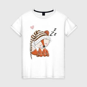 Женская футболка хлопок с принтом Сонный лисенок в Санкт-Петербурге, 100% хлопок | прямой крой, круглый вырез горловины, длина до линии бедер, слегка спущенное плечо | fox | foxed | арт | лис | лиса | лисенок | лисичка | пушистик | рыжая | рыжмй хвост